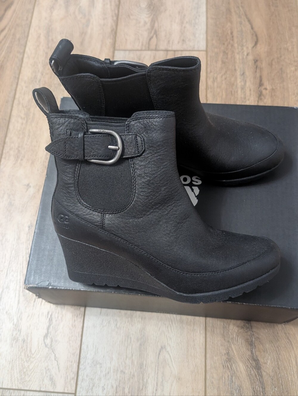 UGG Black Leather Wedge Chelsea Boot with Buckle Accent
